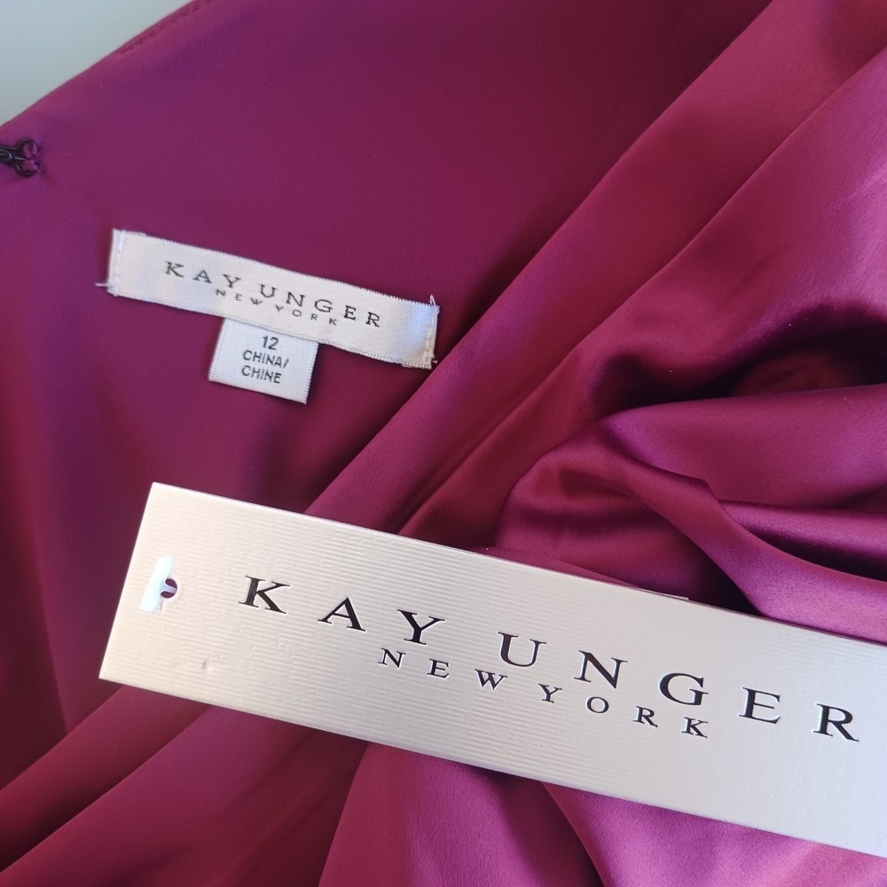 Kay Unger New York Berry Satin V-Neck 3/4 Sleeve TulipWrap Cocktail Dress 12 NWT - Picture 4 of 11